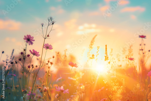 Beautiful meadow with wild flowers over sunset sky  a tranquil and serene nature backdrop perfect for outdoor and natural-themed designs and projects.