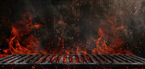 Hot empty portable barbecue BBQ grill with flaming fire and ember charcoal on black background