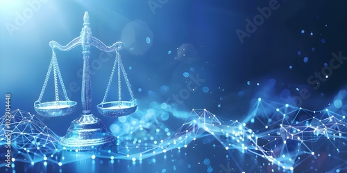 Blue data network background with digital scales symbolizing justice in a futuristic setting. Concept Futuristic Technology, Data Networking, Justice Symbol, Blue Background, Digital Scales