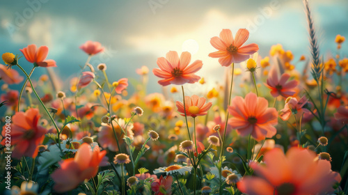 A vibrant field of wildflowers bathed in early morning sunlight  showcasing a colorful and serene natural landscape.