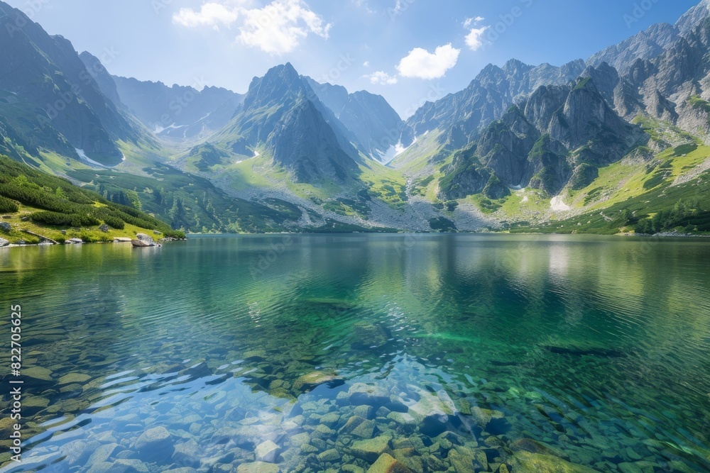 Fototapeta premium Vivid image displaying a peaceful mountain lake surrounded by lush greenery and impressive peaks, invoking a sense of calm