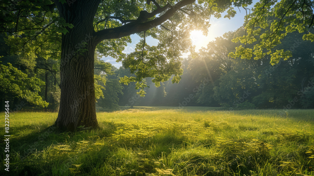A tranquil meadow bathed in sunlight, featuring a large oak tree, symbolizing peace and natural beauty. A tranquil meadow bathed in sunlight, featuring a large oak tree, symbolizing peace and natural beauty.