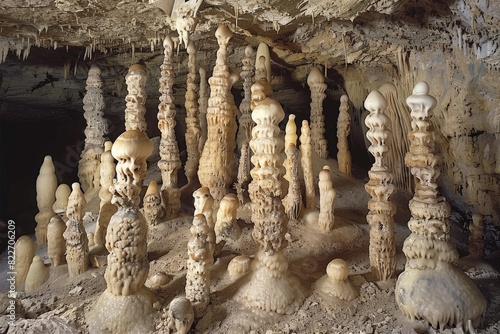 A diverse array of speleothems, including stalactites and stalagmites, decorate this expansive cave chamber photo