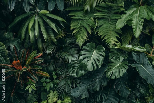 A dense aerial view of a jungle canopy  showcasing a variety of tropical plant species