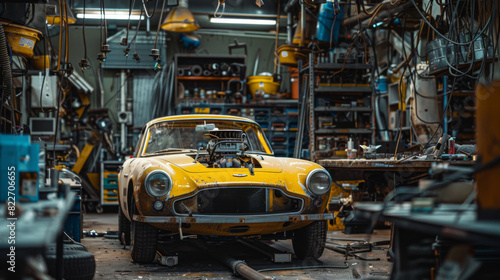 Vintage yellow car undergoing restoration in a cluttered workshop  showcasing classic car repair and restoration processes.