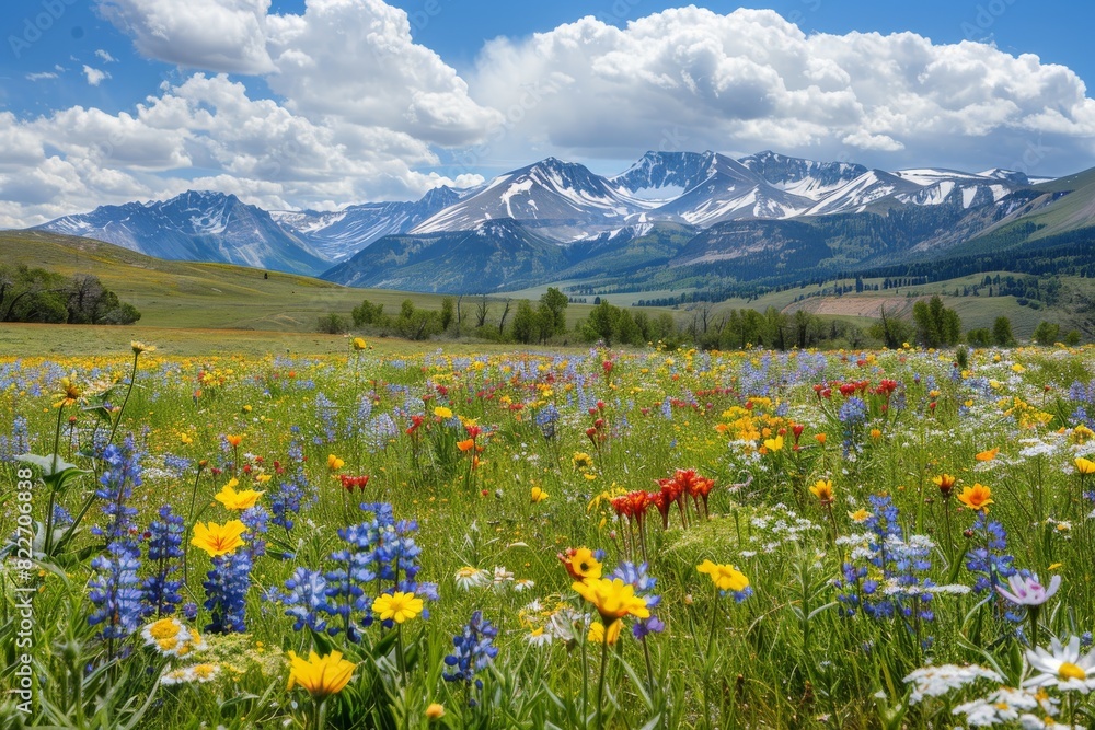 Vibrant wildflower field with a stunning mountain backdrop during a sunny day Vibrant wildflower field with a stunning mountain backdrop during a sunny day