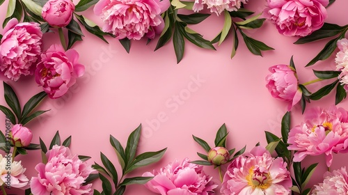 Frame made of beautiful peony flowers on pink background. Flat lay, copy space, summer flowers © Ziyan
