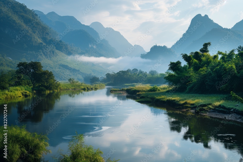 A serene river landscape with lush greenery and mist-shrouded mountains in the background