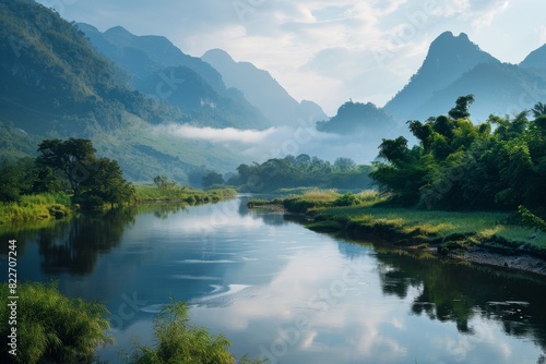 A serene river landscape with lush greenery and mist-shrouded mountains in the background