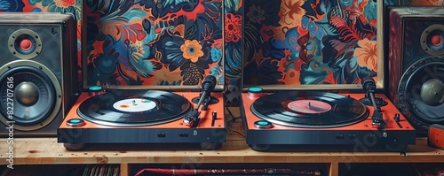 Record players and vinyl records with psychedelic patterns, vibrant colors, and reflective surfaces, evoking a retro and energetic vibe. photo