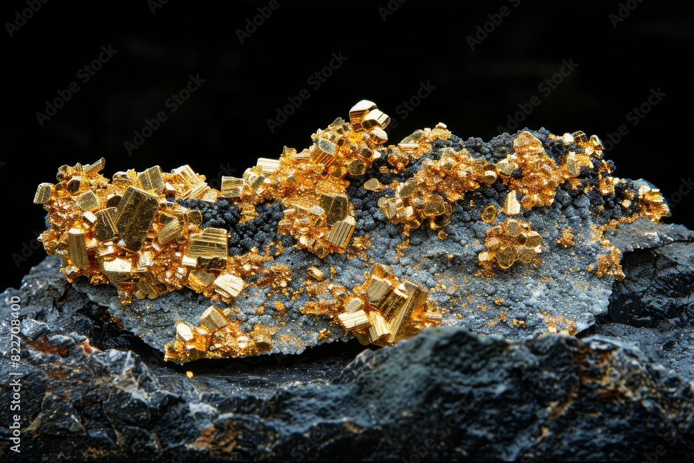 Close-up of intricate gold crystals showcasing their unique geometric shapes and metallic luster Close-up of intricate gold crystals showcasing their unique geometric shapes and metallic luster