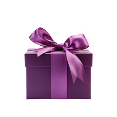 Purple gift box with ribbon. Transparent PNG background. Birthday present mockup. Closed square surprise box. Ideal for promotional campaigns, black Friday, valentines, Christmas, mother's day.