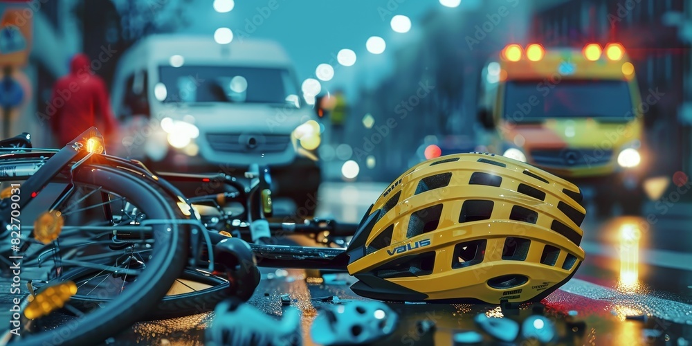 Fototapeta premium A chaotic scene of a bicycle accident on a busy urban street, with a crumpled bike lying on the road,
