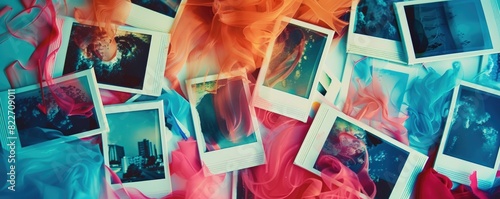 Polaroid photos scattered with colorful abstract overlays, creating a vibrant and dynamic collage that blends nostalgia with modern artistic expression. photo