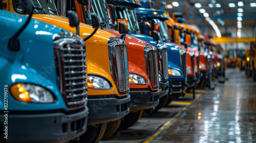 A row of colorful semi-trucks parked inside a large warehouse, highlighting the transportation and logistics industry.