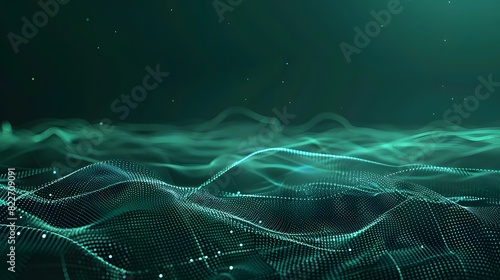 Abstract Digital Landscape with Glowing Dots and Lines on Green