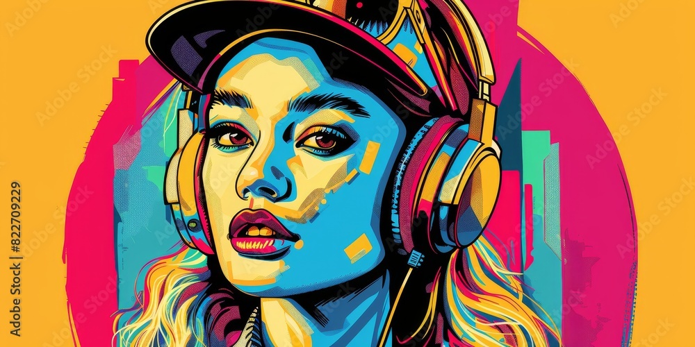 Pop art retro style pretty blonde young woman wearing headphones and sunglasses on vibrant colorful background. 