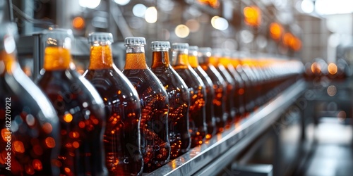 line of bottling of cola soda bottles on clean light factory with closeup view on the sugary drink bottle photo