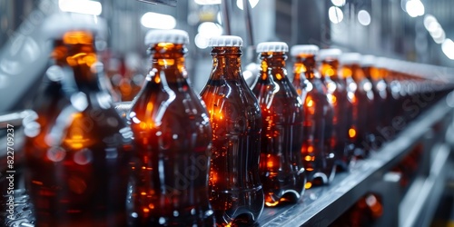 Line of bottling of cola soda bottles on clean light factory with closeup view on the sugary drink bottle photo
