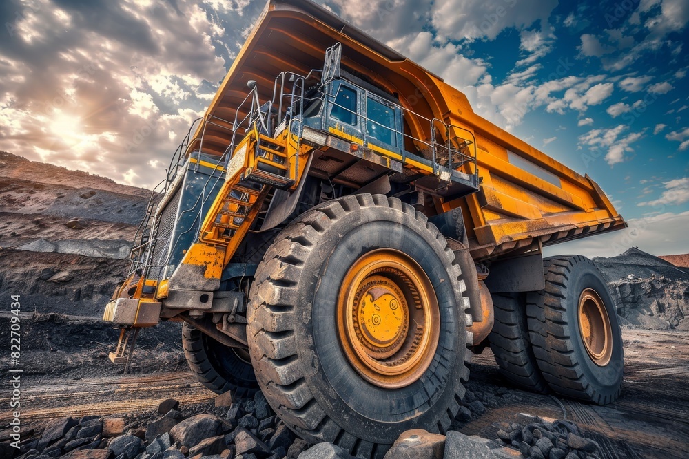 A gigantic mining haul truck is showcased under a dramatic sky, highlighting industrial might