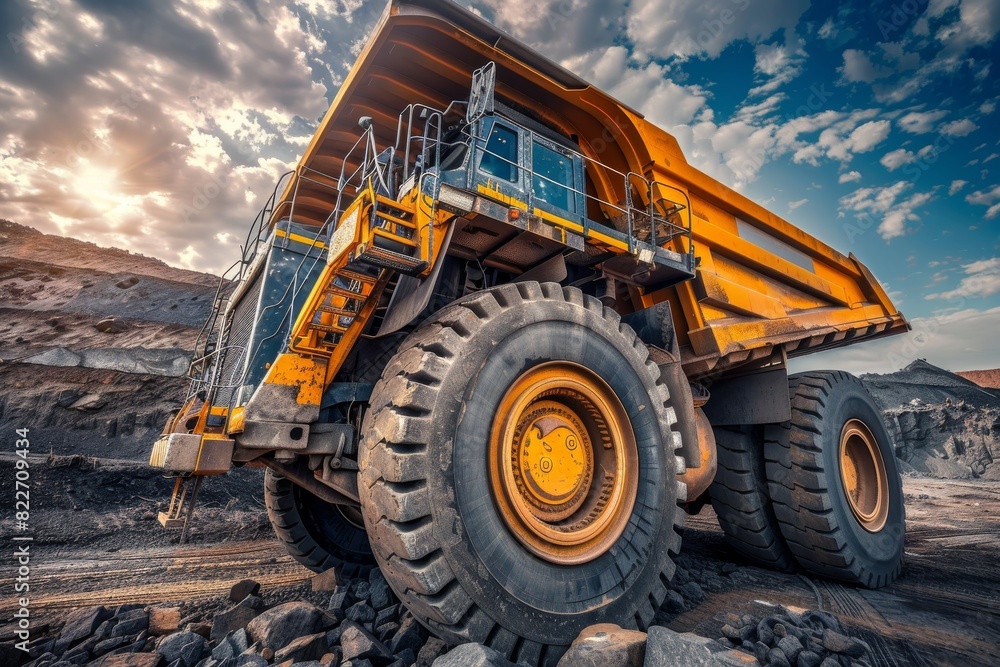 Fototapeta premium A gigantic mining haul truck is showcased under a dramatic sky, highlighting industrial might