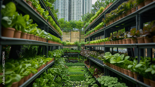 An urban greenhouse filled with neatly arranged potted plants, set against a backdrop of tall buildings and greenery.