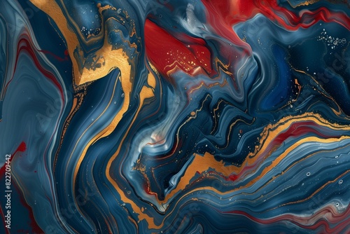 Luxurious modern 3d . Abstract marble fluid art background. Blue, red and gold colors