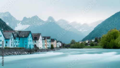 Blue and green buildings on the banks of a river with mountains in white background