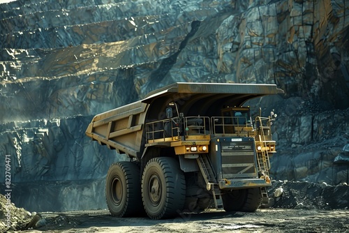 A sturdy haul truck is stationary, with a rock quarry in the background, exuding durability photo