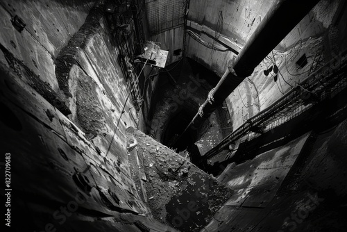 A haunting black and white image displaying the depth of an abandoned industrial silo with contrasting light and shadows