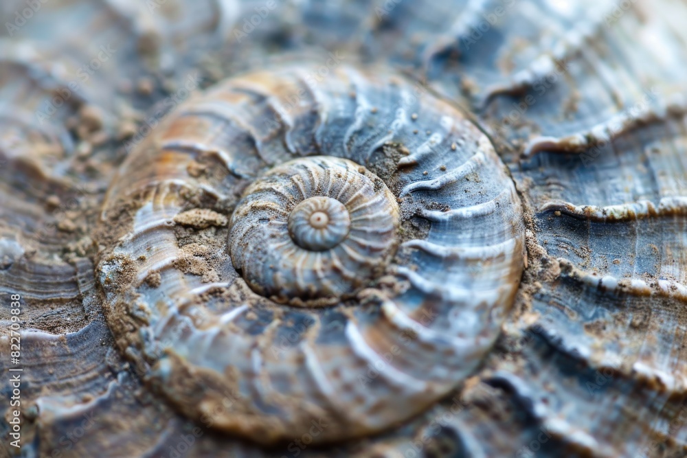 Detailed macro photography of a spiral ammonite fossil revealing the pattern and texture of prehistoric life Detailed macro photography of a spiral ammonite fossil revealing the pattern and texture of prehistoric life