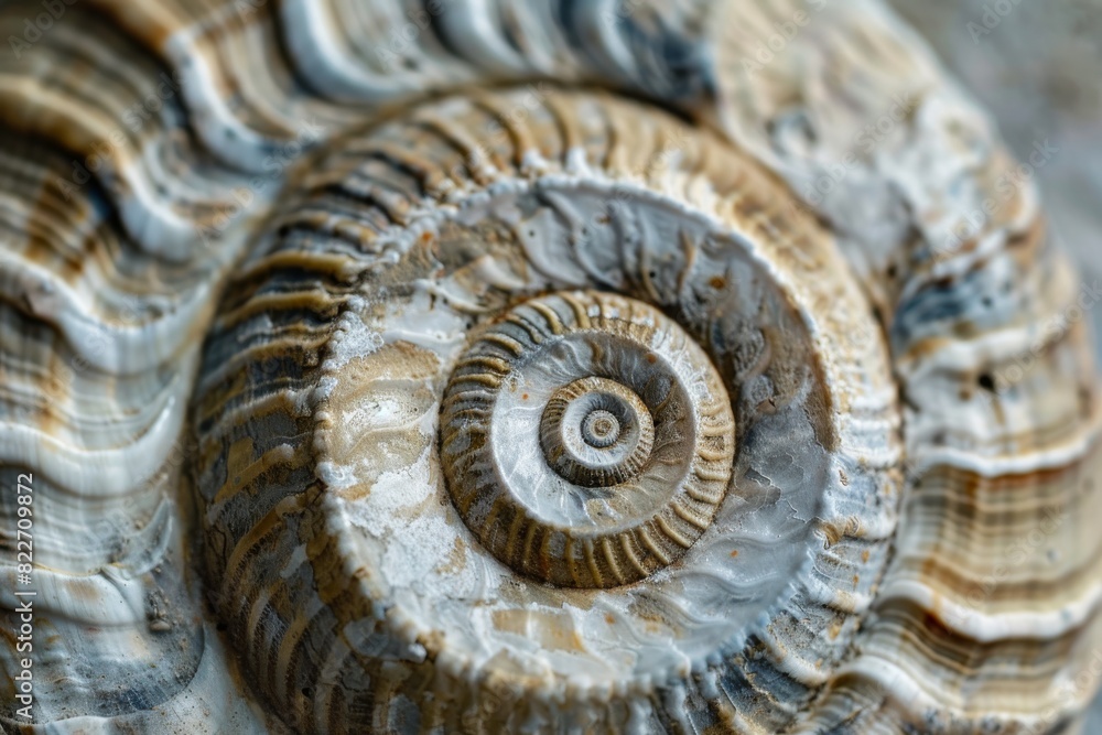 This macro image captures the intricate patterns and spiral structure of an ammonite fossil, highlighting geological beauty This macro image captures the intricate patterns and spiral structure of an ammonite fossil, highlighting geological beauty