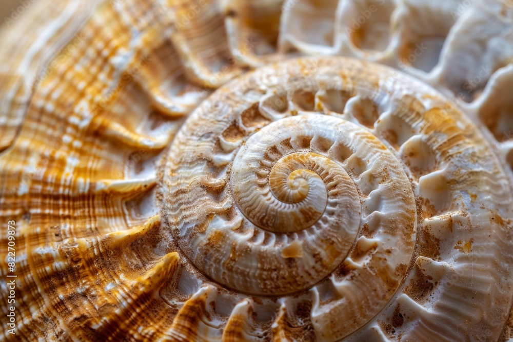 Showcasing a close-up of an ammonite shell's texture, the image displays warm tones and delicate fossil details Showcasing a close-up of an ammonite shell's texture, the image displays warm tones and delicate fossil details