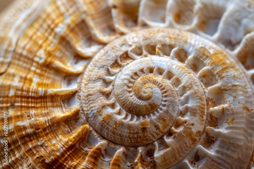 Showcasing a close-up of an ammonite shell's texture, the image displays warm tones and delicate fossil details