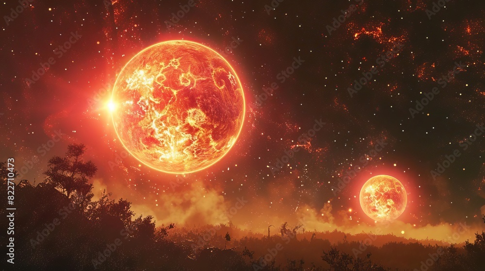 A binary star system featuring a red dwarf and a larger companion star, A binary star system featuring a red dwarf and a larger companion star,