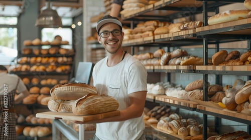 Smiling baker holding fresh bread in a cozy bakery. Warm ambiance with shelves full of baked goods. Ideal for food industry and marketing content. Modern style. AI