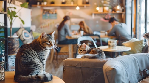 Furry family members allowed in cafe. Pet-friendly place for cat lovers. Group of cats socialising photo