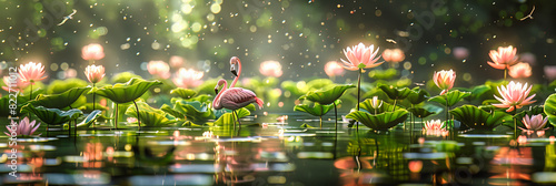 Group of Pink Flamingos at a Tranquil Lake, Reflecting a Scene of Serene Wildlife Elegance photo