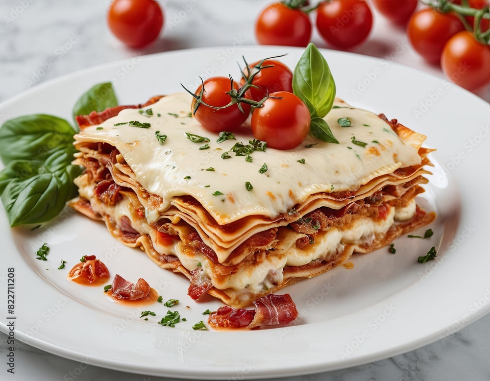 A slice of lasagna and tomatoes served on a white plate A slice of lasagna and tomatoes served on a white plate