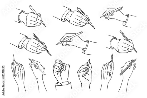 Large set of pen in hand, writer, writing hand, hand with pencil and pen in doodle style. Hand drawn vector illustration EPS10. Great for banner, posters, cards, stickers and professional design.