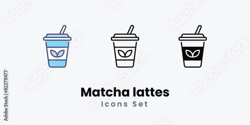 Matcha lattes icons set vector stock illustration