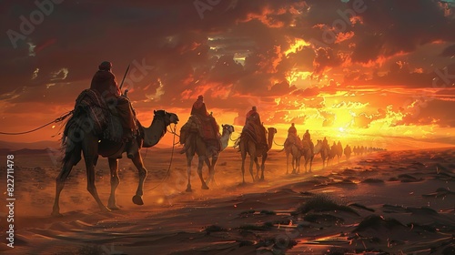 A caravan of camels carrying goods  led by nomads across a sandy terrain at sunset 