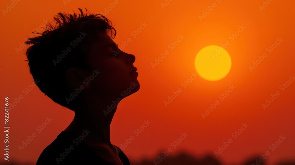 Silhouette of a young man against an orange sunset backdrop Silhouette of a young man against an orange sunset backdrop