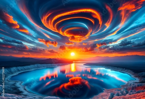 Mesmerizing Sunset Over Tranquil Lake With Swirling Vortex Cloud Formation 