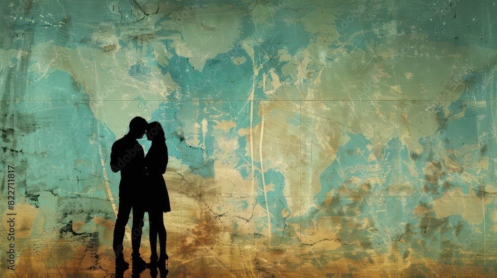 Silhouetted couple on grungy map background Silhouetted couple on grungy map background