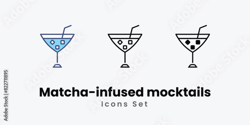 Matcha-infused mocktails icons set vector stock illustration