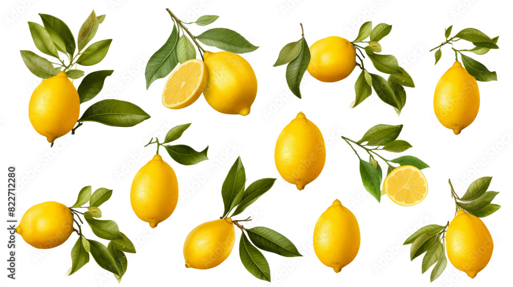 Set of fresh Delicious Lemons on branches isolated on transparent background, png, cut out. Set of fresh Delicious Lemons on branches isolated on transparent background, png, cut out.