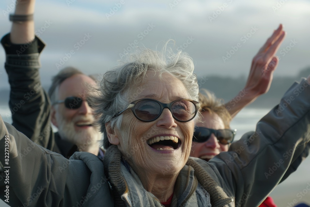 Portrait of a happy senior woman with her friends on the background Portrait of a happy senior woman with her friends on the background