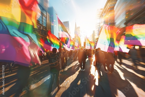 3D render ofA powerful image of a protest for LGBTQ+ rights with vibrant, artistic posters.,photo realistic, high resolution photography, photographed in the style Photography photo