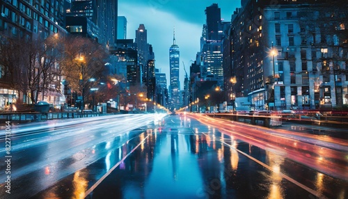 Rain-soaked streets reflecting the neon lights of New York City's skyline.
